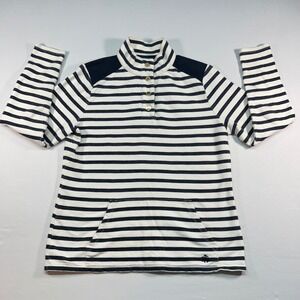 Brooks Brothers Women Navy White Striped Snap Mock Neck Pullover Sweater Medium